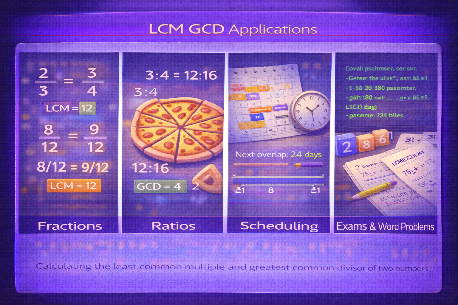 LCM GCD applications in fractions ratios scheduling exams word problems